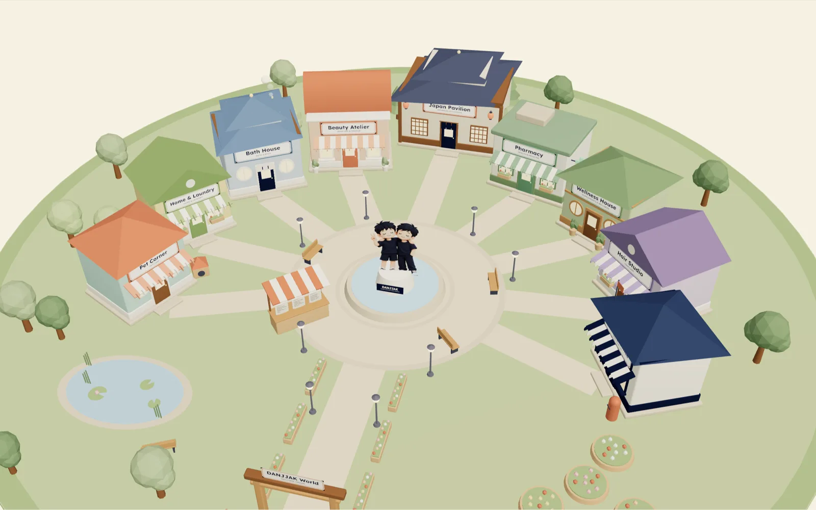 DANJJAK World: a miniature town square with a shop for each product category around a fountain with the DANJJAK friends